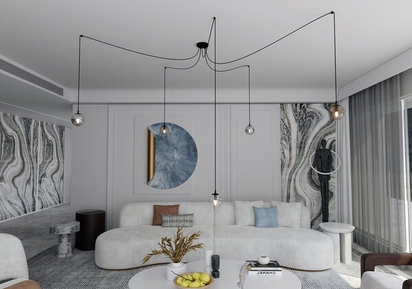 Lampadario 5 Luci Fata In Acciaio Nero Con Cavo Lungo E Vetri Multicolor