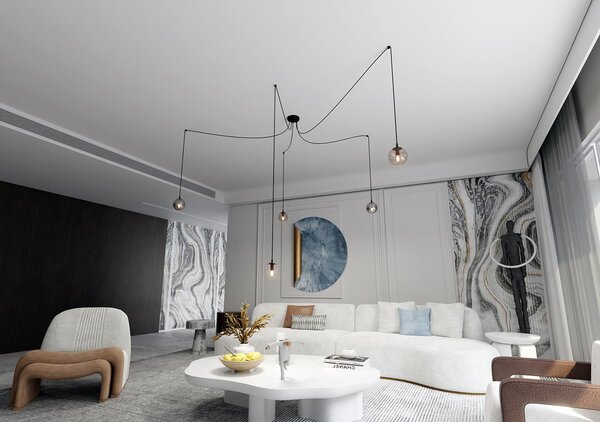 Lampadario 5 Luci Fata In Acciaio Nero Con Cavo Lungo E Vetri Multicolor