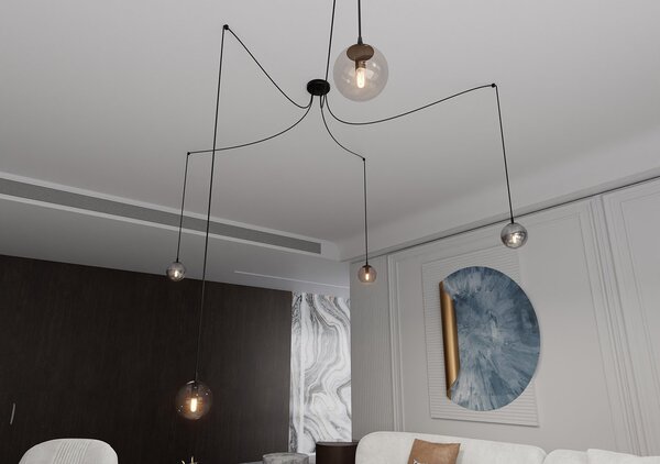 Lampadario 5 Luci Fata In Acciaio Nero Con Cavo Lungo E Vetri Multicolor