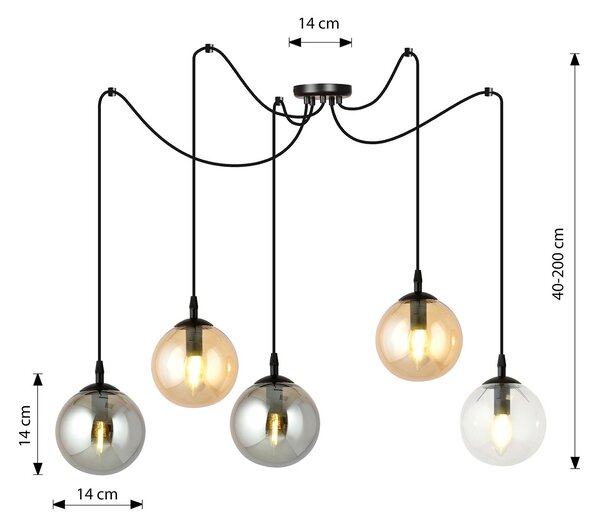 Lampadario 5 Luci Fata In Acciaio Nero Con Cavo Lungo E Vetri Multicolor