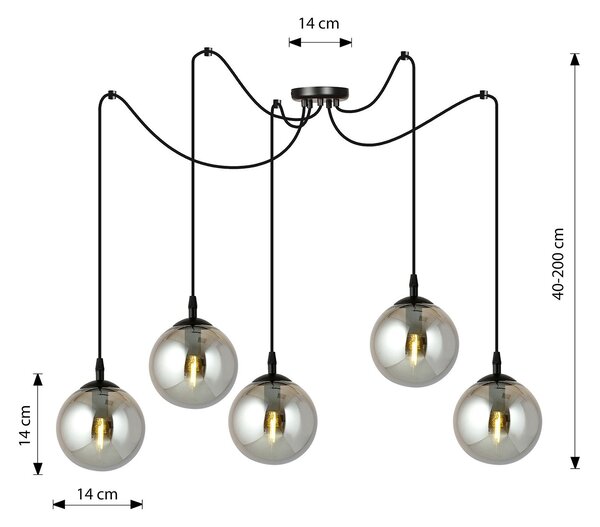 Lampadario 5 Luci Fata In Acciaio Nero Con Cavo Lungo E Vetri Fumè
