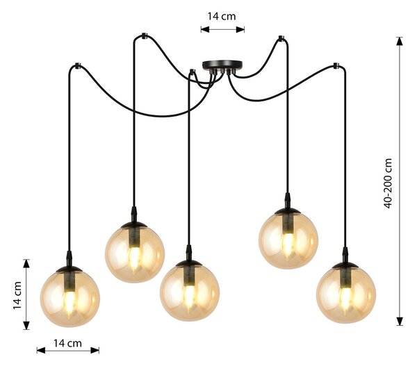 Lampadario 5 Luci Fata In Acciaio Nero Con Cavo Lungo E Vetri Ambra