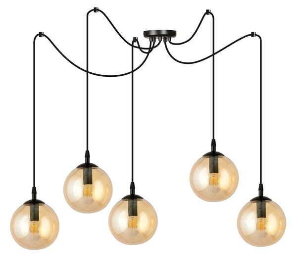 Lampadario 5 Luci Fata In Acciaio Nero Con Cavo Lungo E Vetri Ambra