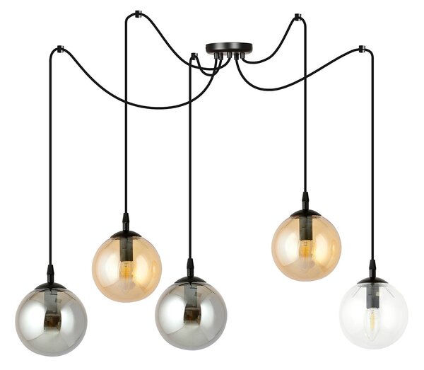 Lampadario 5 Luci Fata In Acciaio Nero Con Cavo Lungo E Vetri Multicolor