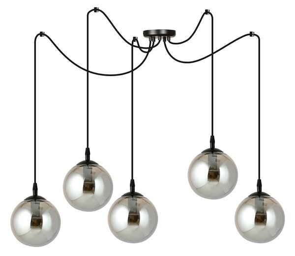 Lampadario 5 Luci Fata In Acciaio Nero Con Cavo Lungo E Vetri Fumè