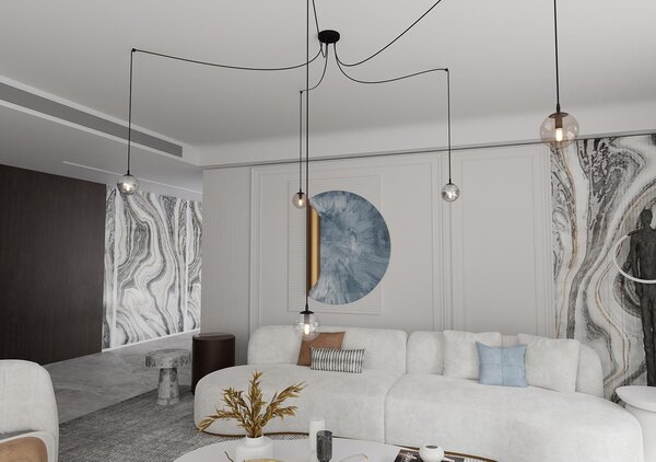 Lampadario 5 Luci Fata In Acciaio Nero Con Cavo Lungo E Vetri Multicolor