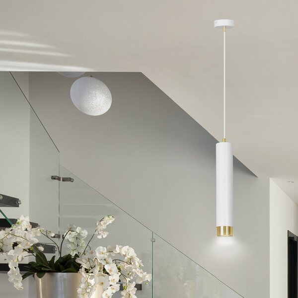 Sospensione 1 Luce Wagner In Acciaio Bianco Con Tubolare In Bianco E Oro