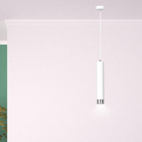 Sospensione 1 Luce Wagner In Acciaio Bianco Con Tubolare In Bianco E Cromo