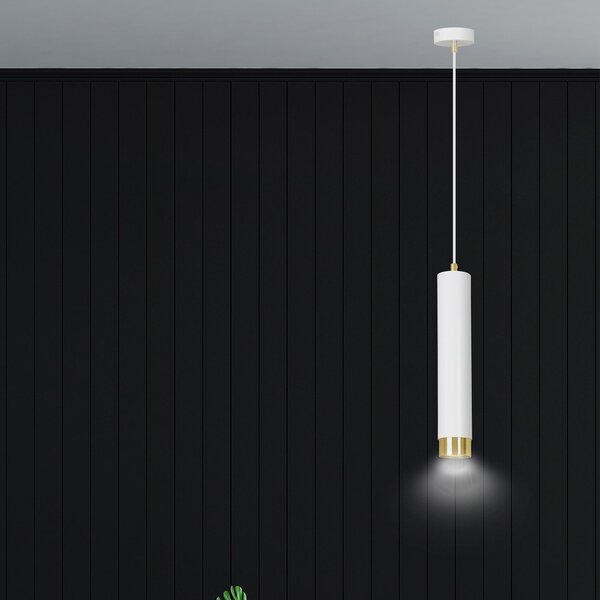 Sospensione 1 Luce Wagner In Acciaio Bianco Con Tubolare In Bianco E Oro