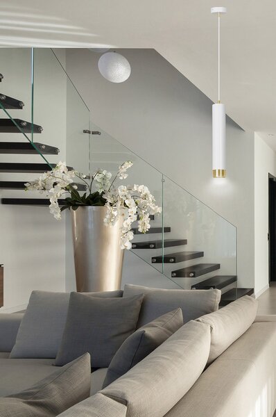Sospensione 1 Luce Wagner In Acciaio Bianco Con Tubolare In Bianco E Oro