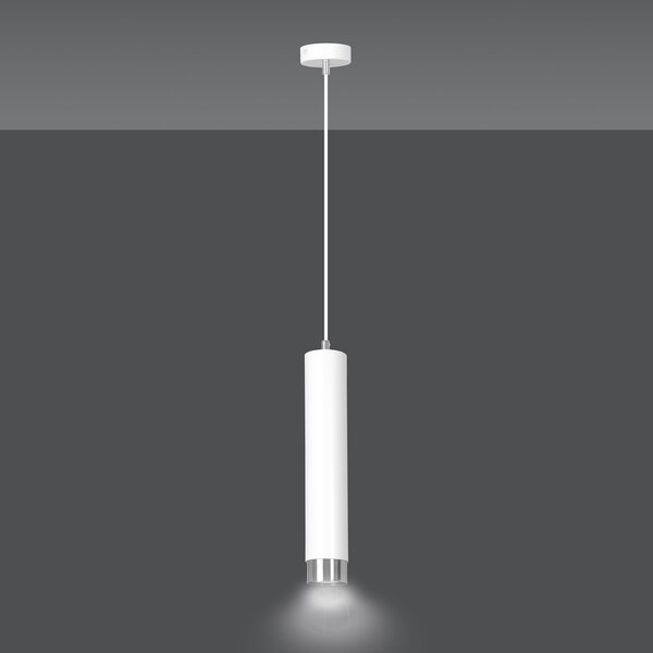 Sospensione 1 Luce Wagner In Acciaio Bianco Con Tubolare In Bianco E Cromo