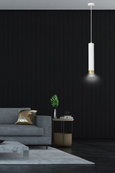 Sospensione 1 Luce Wagner In Acciaio Bianco Con Tubolare In Bianco E Oro