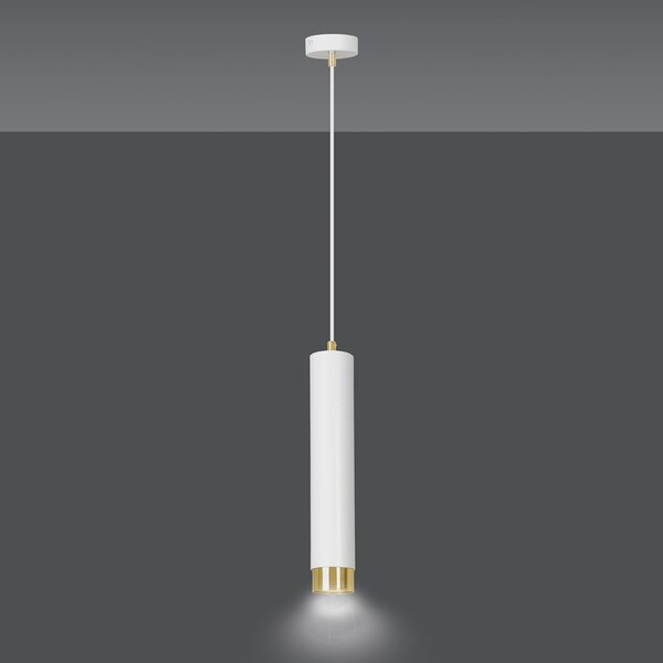 Sospensione 1 Luce Wagner In Acciaio Bianco Con Tubolare In Bianco E Oro