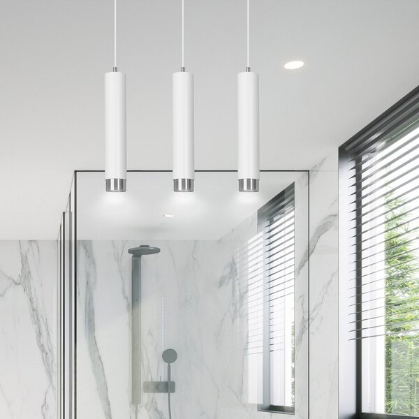 Lampadario 3 Luci Wagner In Acciaio Bianco E Tubolari In Bianco E Cromo