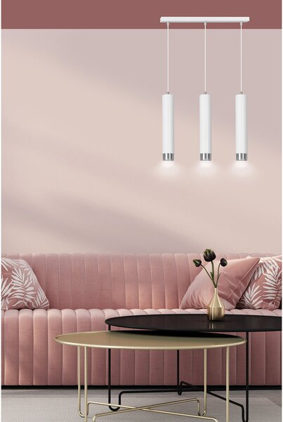 Lampadario 3 Luci Wagner In Acciaio Bianco E Tubolari In Bianco E Cromo
