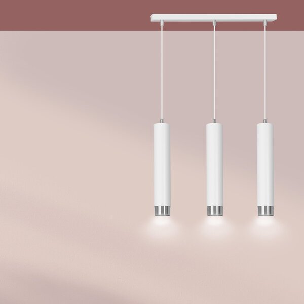 Lampadario 3 Luci Wagner In Acciaio Bianco E Tubolari In Bianco E Cromo