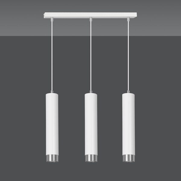 Lampadario 3 Luci Wagner In Acciaio Bianco E Tubolari In Bianco E Cromo
