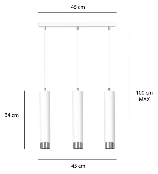 Lampadario 3 Luci Wagner In Acciaio Bianco E Tubolari In Bianco E Cromo