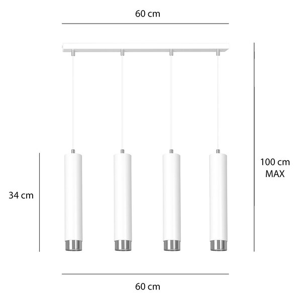 Lampadario 4 Luci Wagner In Acciaio Bianco E Tubolari In Bianco E Cromo
