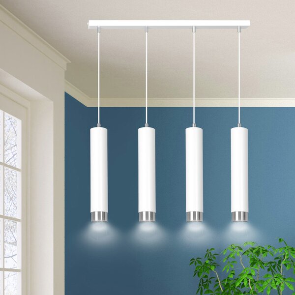 Lampadario 4 Luci Wagner In Acciaio Bianco E Tubolari In Bianco E Cromo