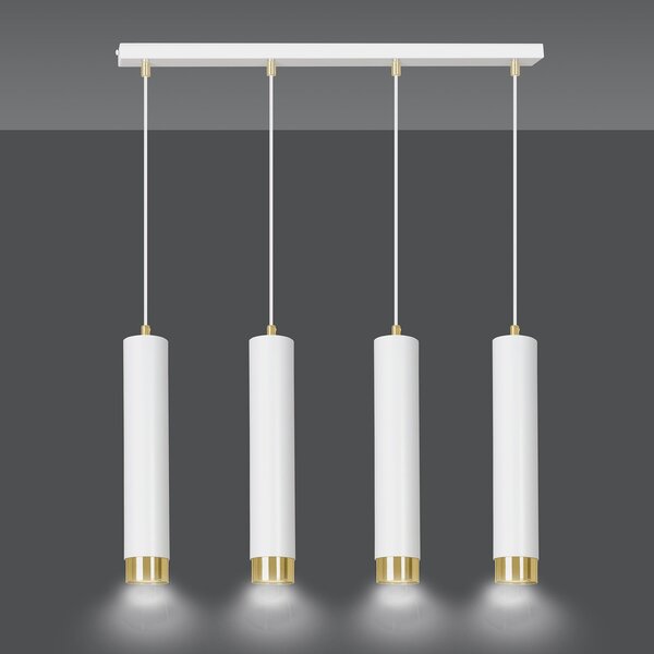 Lampadario 4 Luci Wagner In Acciaio Bianco E Tubolari In Bianco E Oro