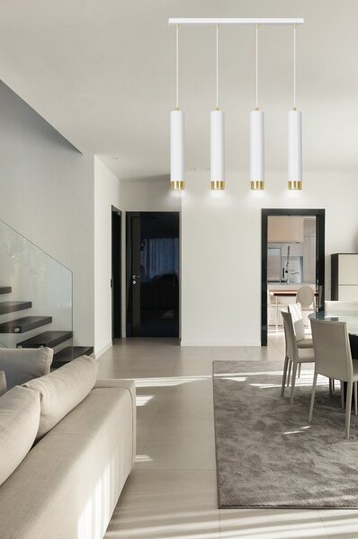 Lampadario 4 Luci Wagner In Acciaio Bianco E Tubolari In Bianco E Oro
