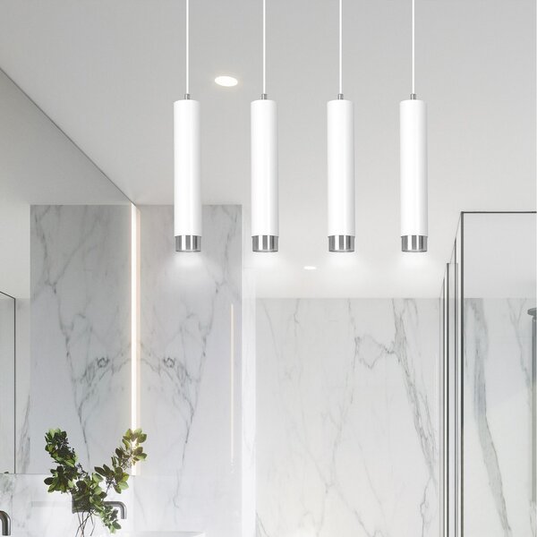 Lampadario 4 Luci Wagner In Acciaio Bianco E Tubolari In Bianco E Cromo