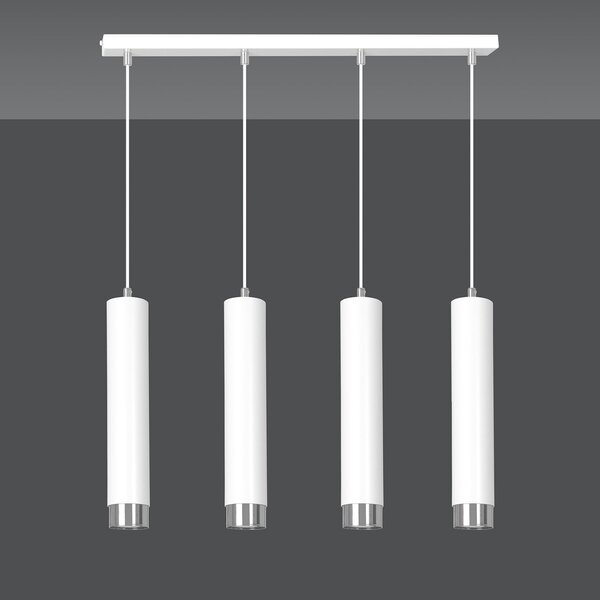 Lampadario 4 Luci Wagner In Acciaio Bianco E Tubolari In Bianco E Cromo