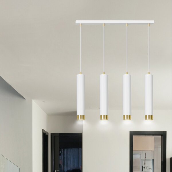 Lampadario 4 Luci Wagner In Acciaio Bianco E Tubolari In Bianco E Oro