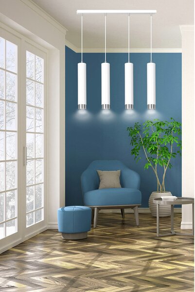 Lampadario 4 Luci Wagner In Acciaio Bianco E Tubolari In Bianco E Cromo