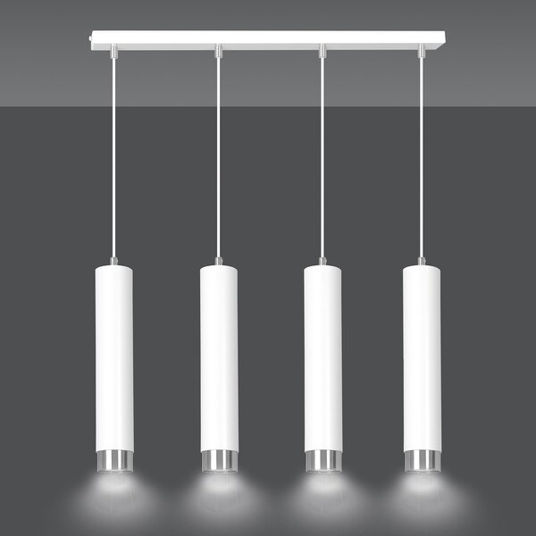 Lampadario 4 Luci Wagner In Acciaio Bianco E Tubolari In Bianco E Cromo