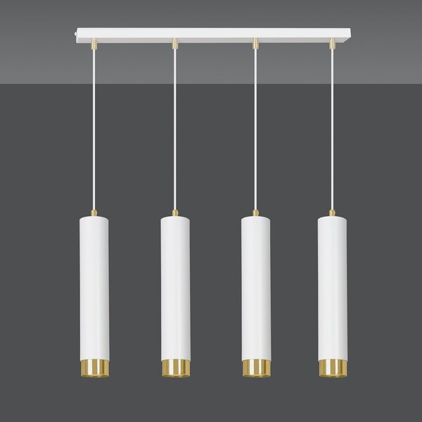 Lampadario 4 Luci Wagner In Acciaio Bianco E Tubolari In Bianco E Oro