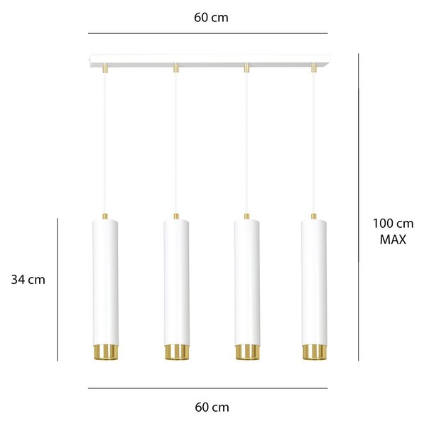 Lampadario 4 Luci Wagner In Acciaio Bianco E Tubolari In Bianco E Oro