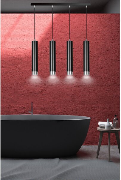 Lampadario 4 Luci Wagner In Acciaio Nero E Tubolari In Nero E Cromo