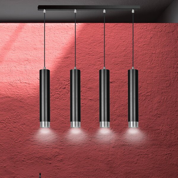 Lampadario 4 Luci Wagner In Acciaio Nero E Tubolari In Nero E Cromo