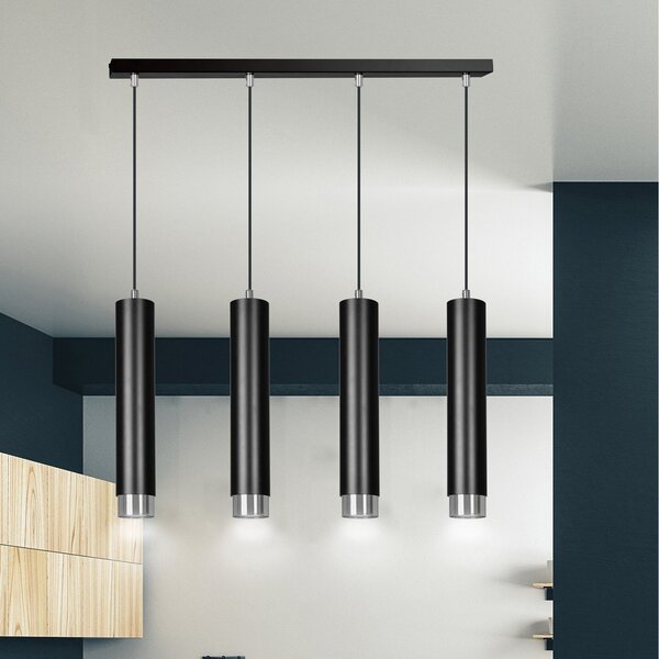 Lampadario 4 Luci Wagner In Acciaio Nero E Tubolari In Nero E Cromo