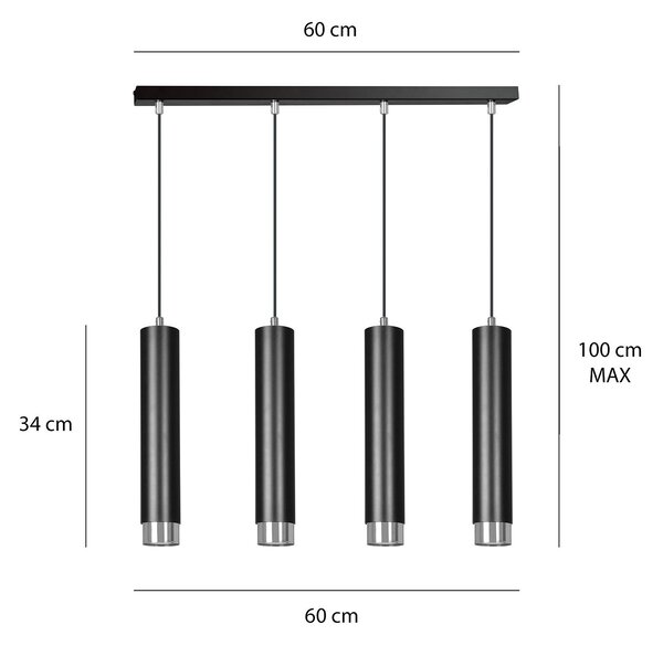 Lampadario 4 Luci Wagner In Acciaio Nero E Tubolari In Nero E Cromo