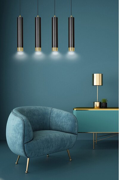 Lampadario 4 Luci Wagner In Acciaio Nero E Tubolari In Nero E Oro