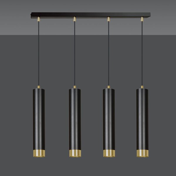 Lampadario 4 Luci Wagner In Acciaio Nero E Tubolari In Nero E Oro