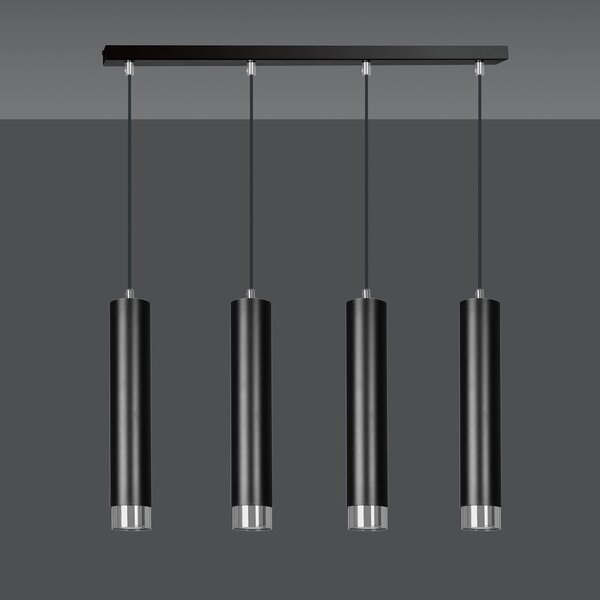 Lampadario 4 Luci Wagner In Acciaio Nero E Tubolari In Nero E Cromo