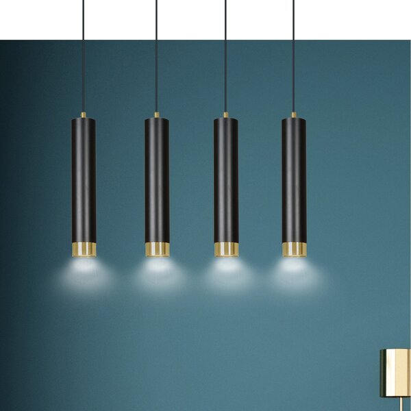 Lampadario 4 Luci Wagner In Acciaio Nero E Tubolari In Nero E Oro