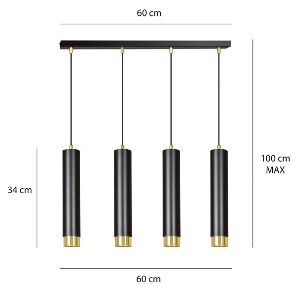 Lampadario 4 Luci Wagner In Acciaio Nero E Tubolari In Nero E Oro