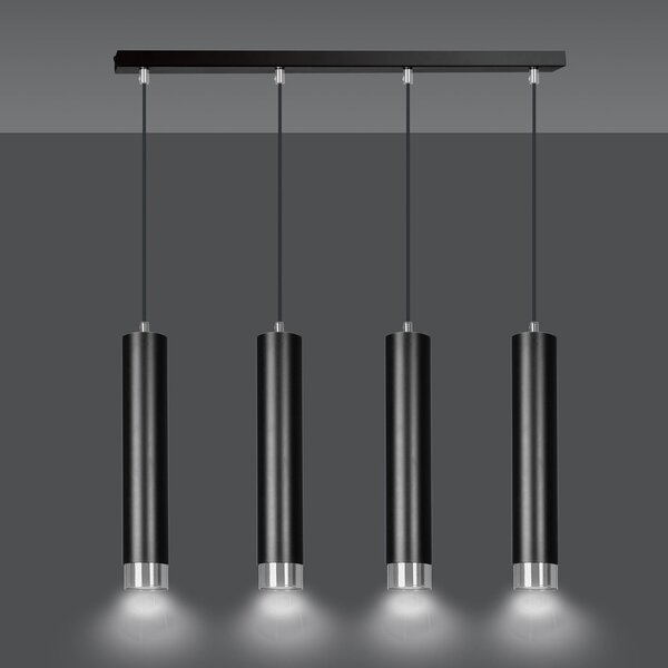 Lampadario 4 Luci Wagner In Acciaio Nero E Tubolari In Nero E Cromo