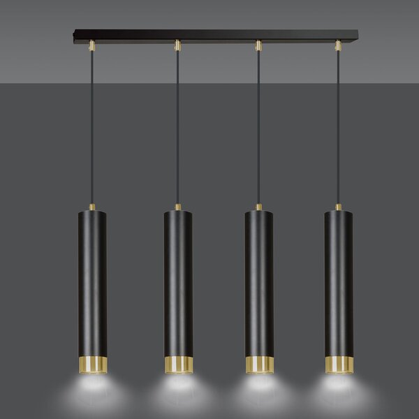Lampadario 4 Luci Wagner In Acciaio Nero E Tubolari In Nero E Oro