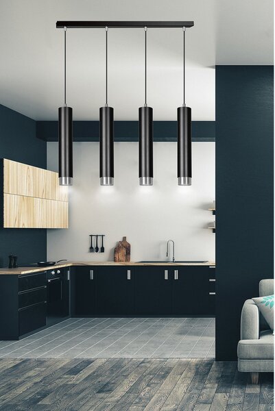 Lampadario 4 Luci Wagner In Acciaio Nero E Tubolari In Nero E Cromo