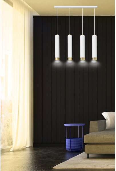 Lampadario 4 Luci Wagner In Acciaio Bianco E Tubolari In Bianco E Oro