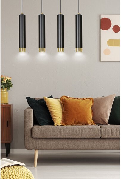 Lampadario 4 Luci Wagner In Acciaio Nero E Tubolari In Nero E Oro