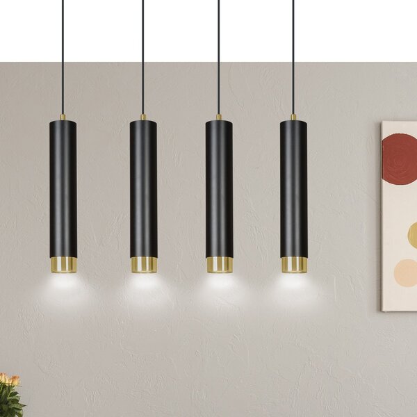 Lampadario 4 Luci Wagner In Acciaio Nero E Tubolari In Nero E Oro