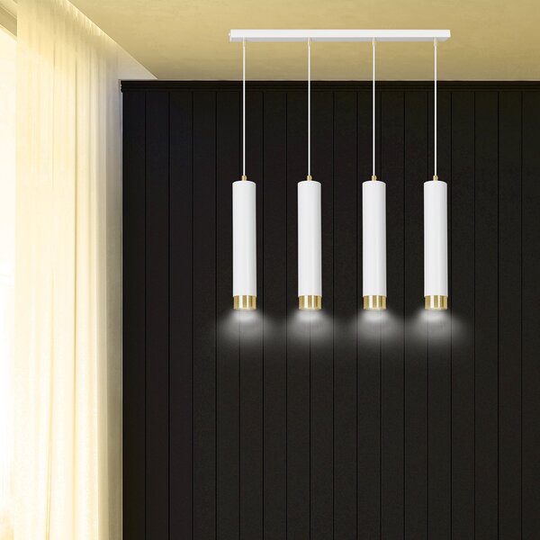 Lampadario 4 Luci Wagner In Acciaio Bianco E Tubolari In Bianco E Oro
