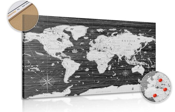 Quadri su sughero mappa in bianco e nero su sfondo in legno - 90x60 metallic